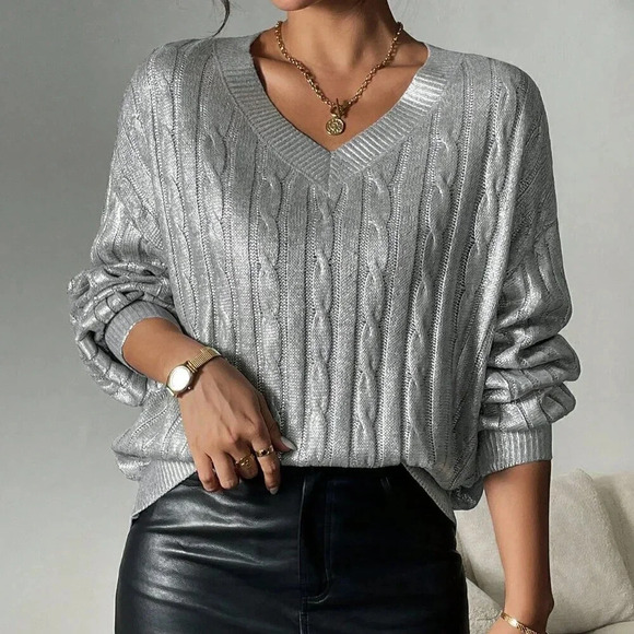 Silver Casual Women's Hot-Stamped V-Neck Long Sleeve Sweater - Picture 6 of 8